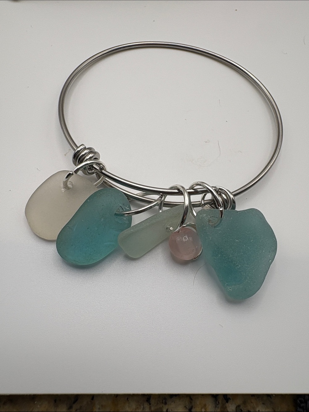 Sea Glass Charm Bangle Bracelet - Teal & Seafoam